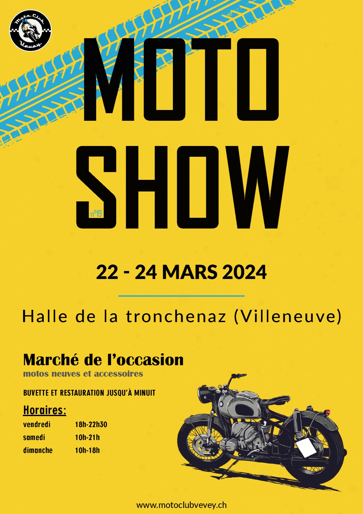 Affiche Moto Show n°19, 22-24 mars 2024, Halle de la Tronchenaz : illustration de moto vintage.